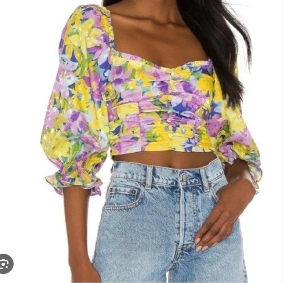 For Love And Lemons Tops - For Love & Lemons Cassia Blue Yellow Purple‎ Floral Print Cropped Top, Sz XS